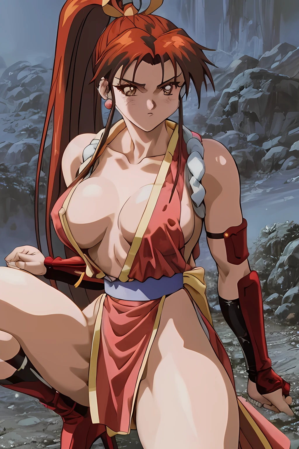 masterpiece, best quality, anime 1990s \(style\, mai shiranui, ninja costume, skirt.