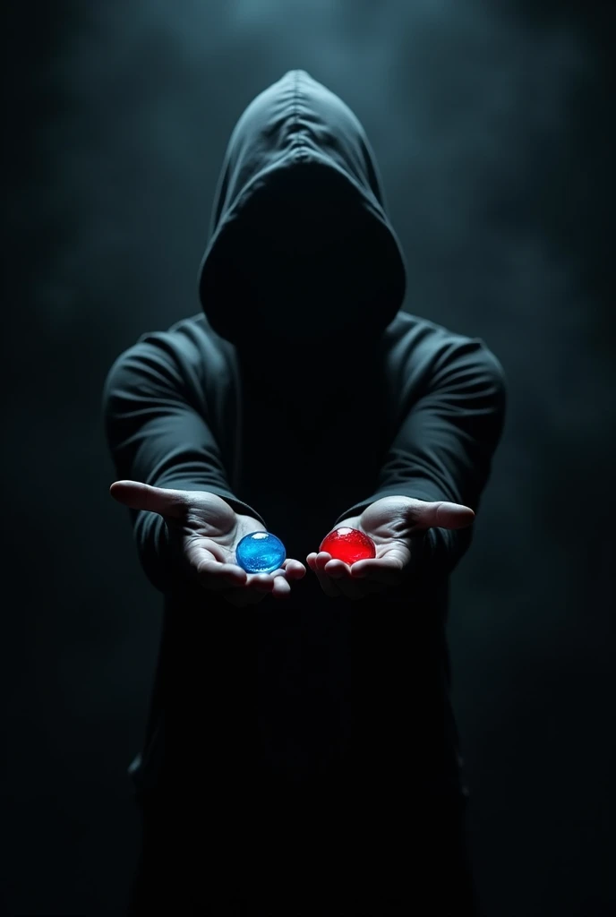 hooded character holding a blue pill in his left hand, and a red one in his right hand, being consumed by the darkness in the background of the image black background