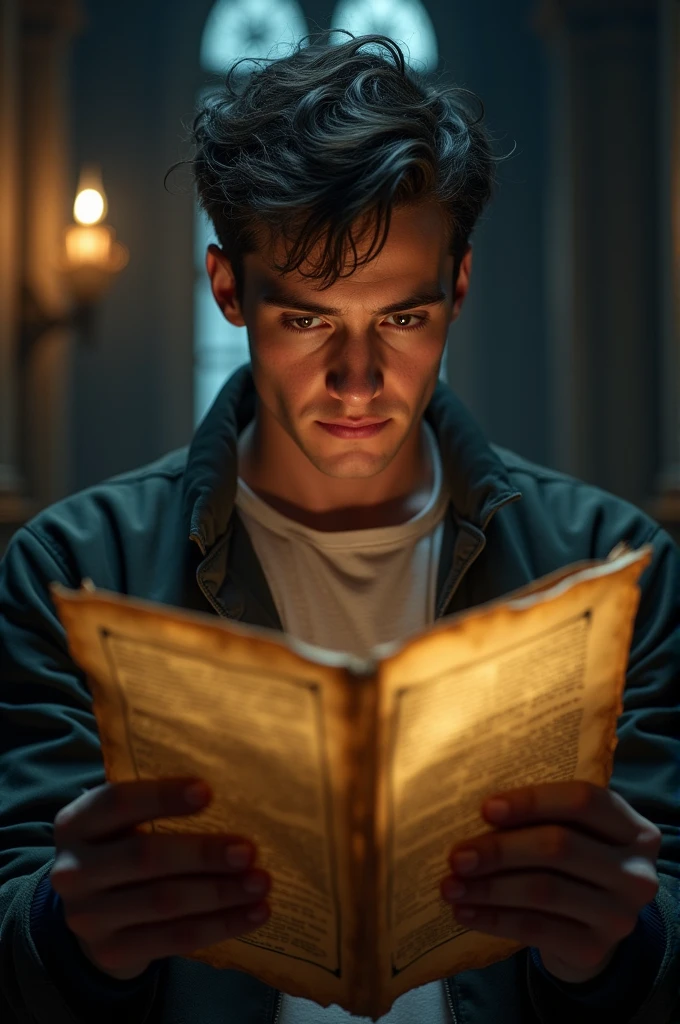 Description: The young man holding old, yellowed documents in his hands. The documents are detailed and show writings and sketches related to the mansion’s dark past. The scene is set in a well-lit area of the mansion with the young man and documents as the focus.Elements: Historical documents, the young man’s focused expression, and an illuminated area contrasting with the dark mansion background.
