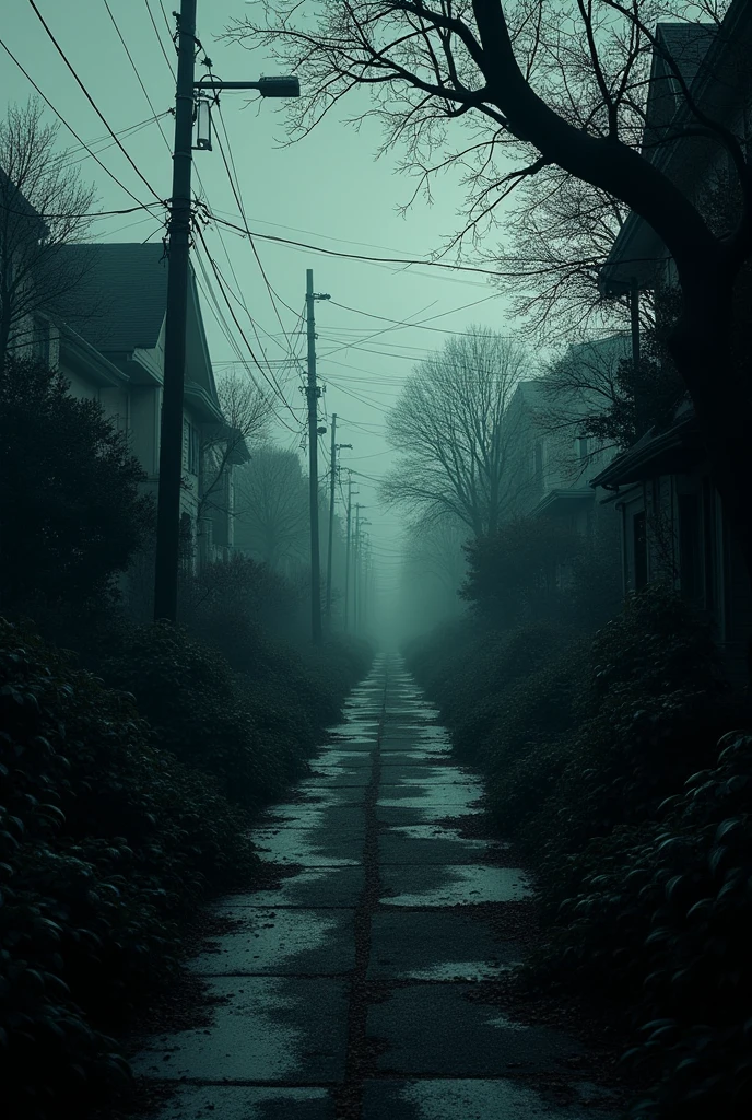 Dark suburb with lots of bushes,without any home