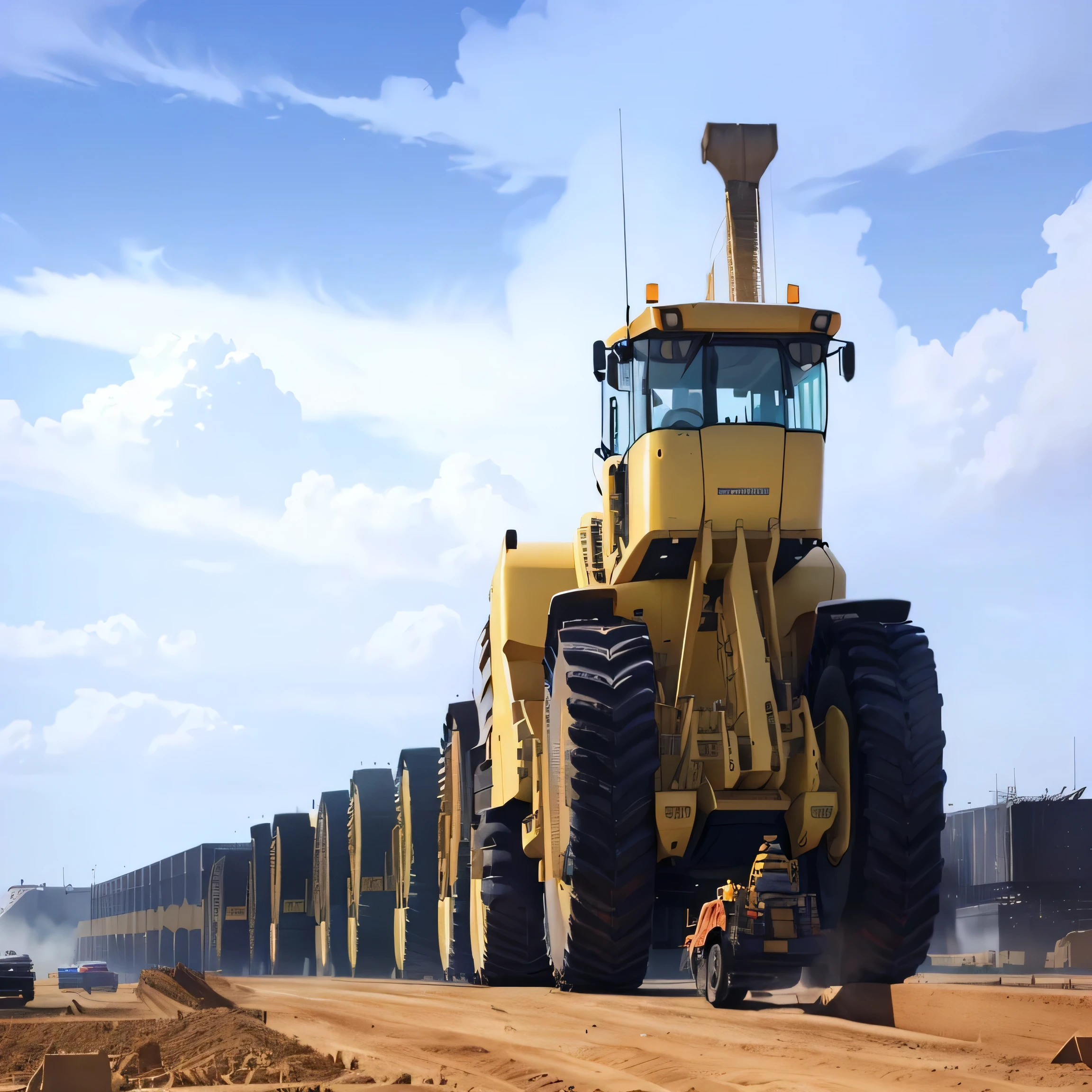 there is a large yellow tractor with a man on a scooter, massive construction machines, heavy machinery, mechanized transport, huge machine robot, futuristic tractors, construction equipment 1 9 9 0, massive robot, plows, army of big robots, large robot, powerful and huge, giant scale, it is very huge, giant, oversized enginee, mining