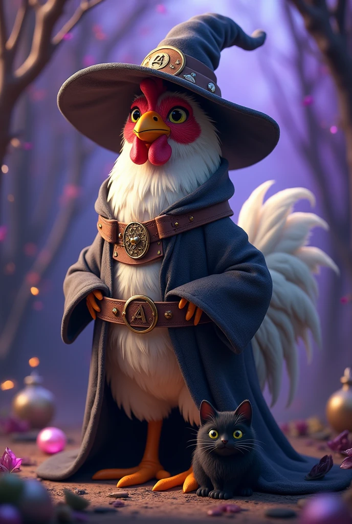 Create a witch chicken in a witch outfit