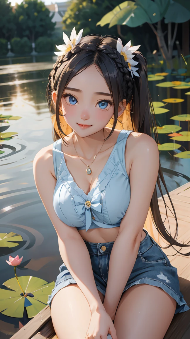 ( 3 girls), smile、Look into the camera、diamond necklace、braided hair, Wear a jeans skirt.,Random color tank top:1.2. Revealing the upper arm、Extra long twin tail feathers、Flower Hair Ornaments、 Masterpiece, Highest quality, 8ก, beautiful girl, young face、 photography, Cute face, thigh,(Sitting in a lotus pond),、smile、small waist, blue eyes(((The chest is erect...)))(((round chest)))(((big breasts:1.2)))