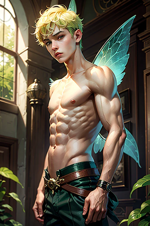 1boy, male, , cute face, fairy, fairy wings, green fairy wings, green eyes, blonde hair, short hair, undercut hair, muscular, sexy, skimpy, knight