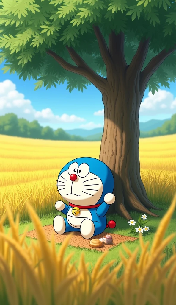 Doraemon sat under a tree having lunch, surrounded by golden rice fields.