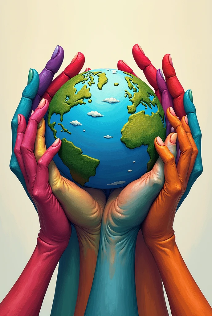VARIOUS COLORFUL HANDS HOLDING PLANET EARTH AS IF IT WERE A DRAWING
