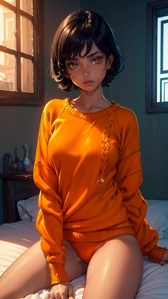 (21 years))) indian girl, (((posture of the body lying in bed))), (((Surprise face)))), (((short black hair))), (((full body sweater))), (((orange sweater))),(((underwear part of the sweater))) dark fantasy art, rico, deep colors, (intricate details:0.9), (HdR, hyper detail:1.2), (natural skin textures, Hyper realistic, shiny skin, luz outfit, sharp),