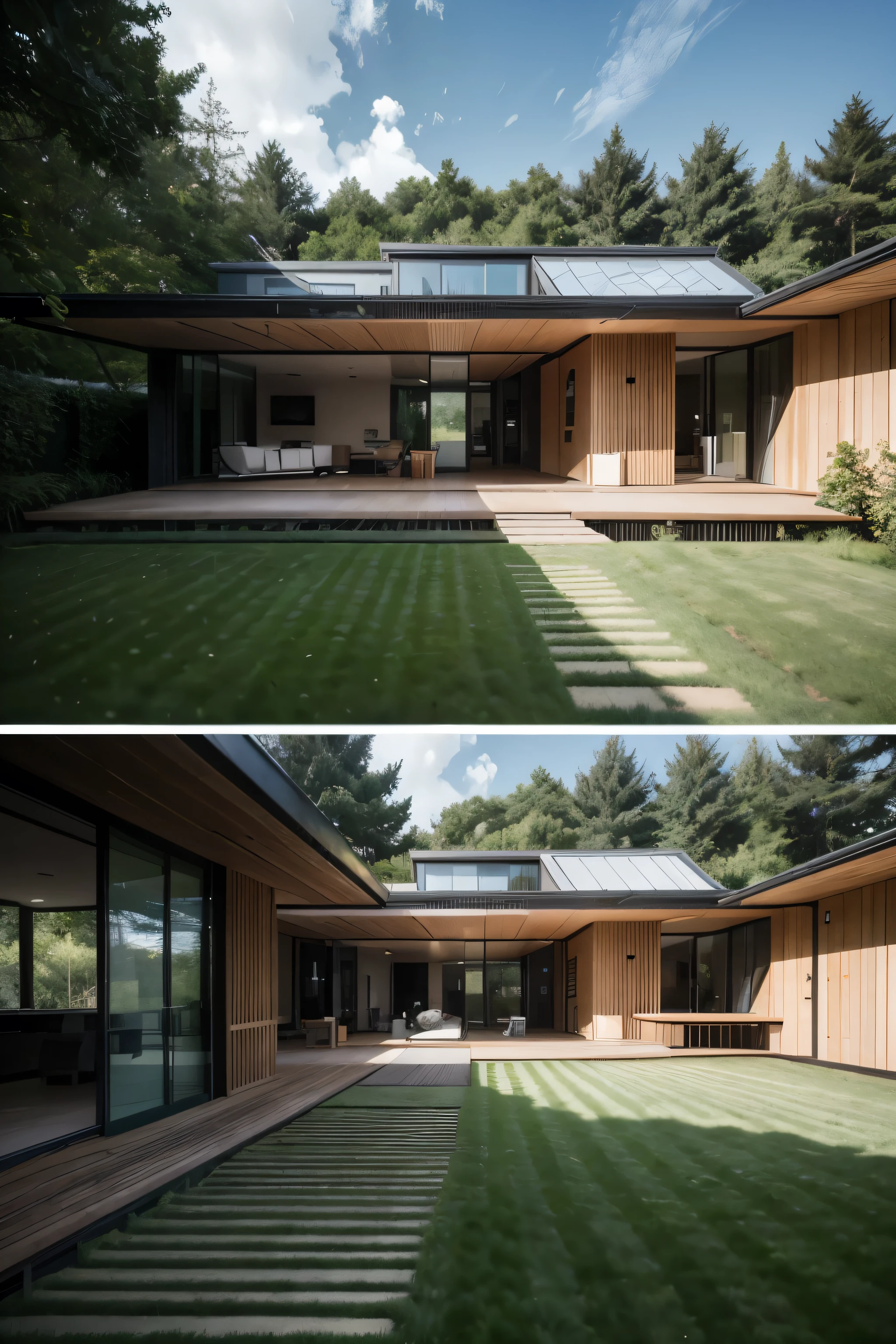 airy house with a large lawn and a path leading to the front door, concept house, large modern residence, by Luís Miranda, with a lush lawn, house in the florest, contemporary architecture, well-designed masterpiece, Modern wooden house, by Rem Koolhaas, realistic architecture, by Bjarke Ingels, wide angle exterior 2022