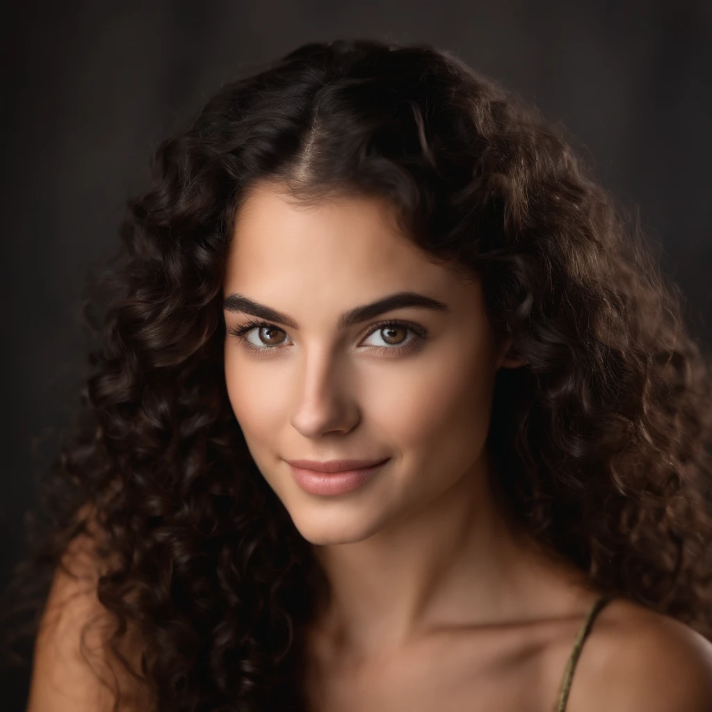 Close up photo of an athletic brunette woman 18 years old,  very long curly black hair, light and cheerful round face, brown eyes, thin lips and thin nose.