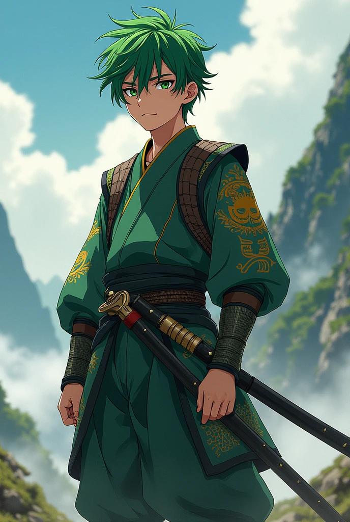 Anime samurai teenager boy with green hair