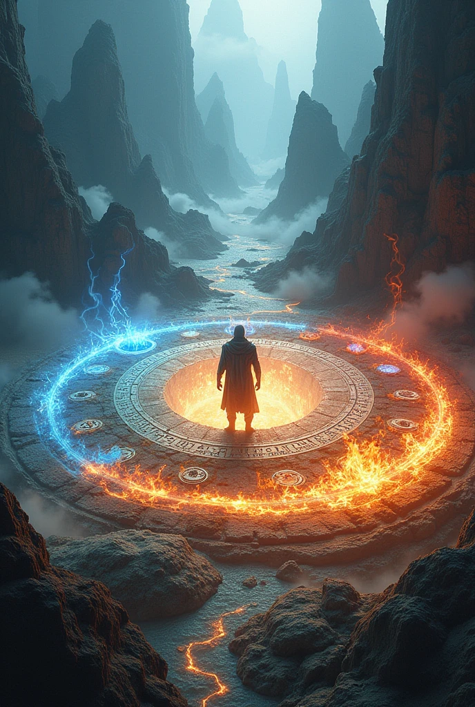 A circle of magic with the elements of water, fire, metals, lava, Glace, lightning strike, Tuuli, plant and earth 