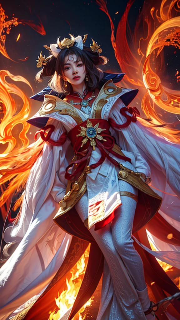 a woman in a white dress holding a sword and a fire ball, beautiful celestial mage, onmyoji detailed art, full portrait of elementalist, onmyoji, epic mage girl character, by Yang J, fire mage, flowing magical robe, heise jinyao, extremely detailed artgerm, female mage, ne zha from smite, ornate flowing robe