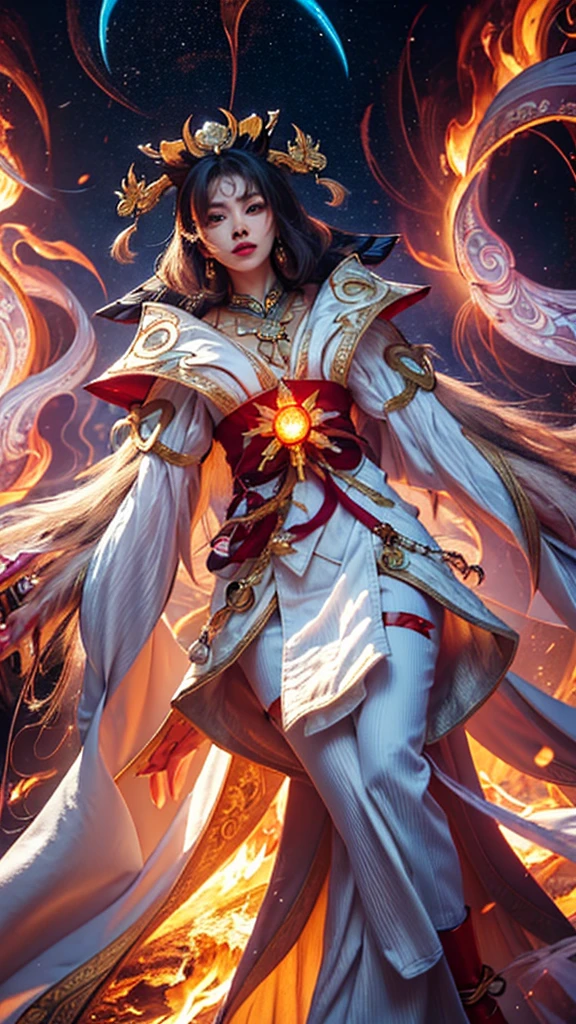 a woman in a white dress holding a sword and a fire ball, beautiful celestial mage, onmyoji detailed art, full portrait of elementalist, onmyoji, epic mage girl character, by Yang J, fire mage, flowing magical robe, heise jinyao, extremely detailed artgerm, female mage, ne zha from smite, ornate flowing robe