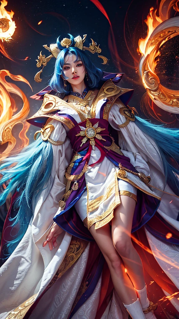 a woman in a white dress holding a sword and a fire ball, beautiful celestial mage, onmyoji detailed art, full portrait of elementalist, onmyoji, epic mage girl character, by Yang J, fire mage, flowing magical robe, heise jinyao, extremely detailed artgerm, female mage, ne zha from smite, ornate flowing robe