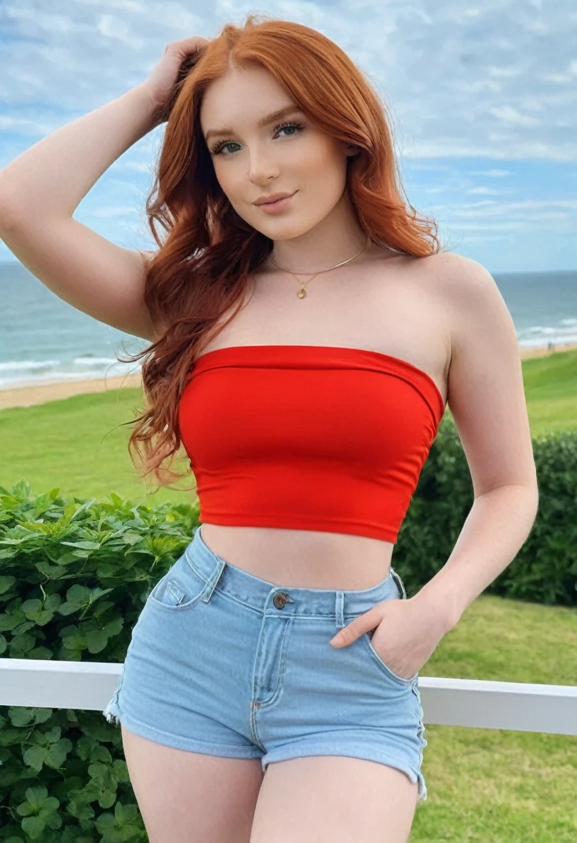 ((Photo of a medium distance:1.23)), ((Best resolution:1.4)), ((high quality:1.2)), (Work of art), 8k, extremely detailed, ((High detail:1.2)), Solo, ((HotLexi pretty perfect irish red-haired female with 24 years old)), (crop top strapless, mini-shorts), ((hourglass-shaped perfect body)), (square-shaped defined pretty face:1.35), (small cute breasts),