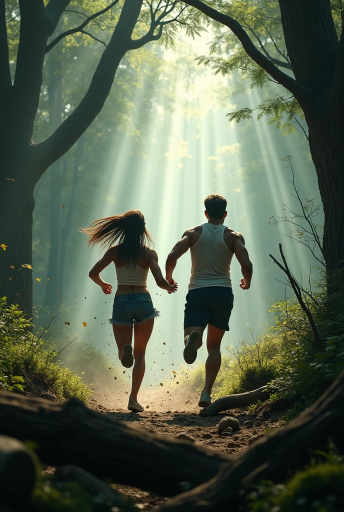 A couple running away through a forest grabbing hands and looking backward