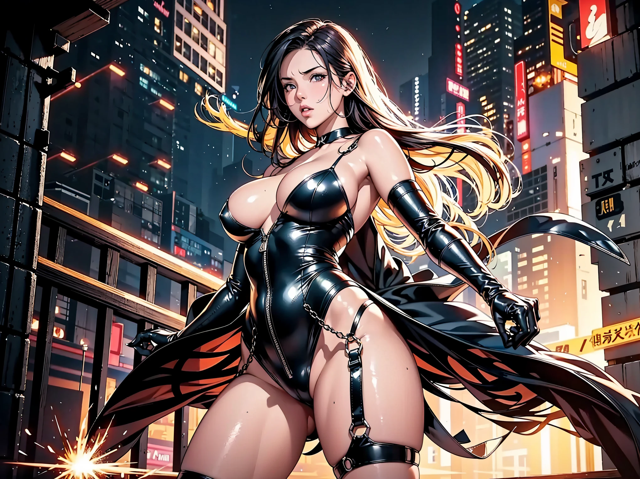 clean clear baby face, black bodysuit, Giant sexy gal in future, dynamic pose, dynamic shot, large show off detailed (((Big))), cape, attack for viewer, ready for action, depth, deep shadow and light, neon, spark, good hand, better hand, masterpiece, high quality, high resolution,