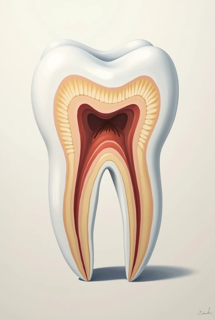 Create a detailed, stylized painting of dental anatomy, focusing on the structure of a tooth. The artwork should include a cross-sectional view, highlighting the enamel, dentin, pulp, and root in a way that is both accurate and artistically engaging. Use clean lines and soft shading to emphasize the different layers, with colors like white, ivory, and soft grays. Incorporate subtle artistic elements, such as gentle curves or abstract patterns, to add a touch of creativity without detracting from the anatomical accuracy. The background should be minimalist, allowing the intricate details of the tooth to stand out. The overall composition should blend scientific detail with artistic expression, making the piece both educational and visually appealing