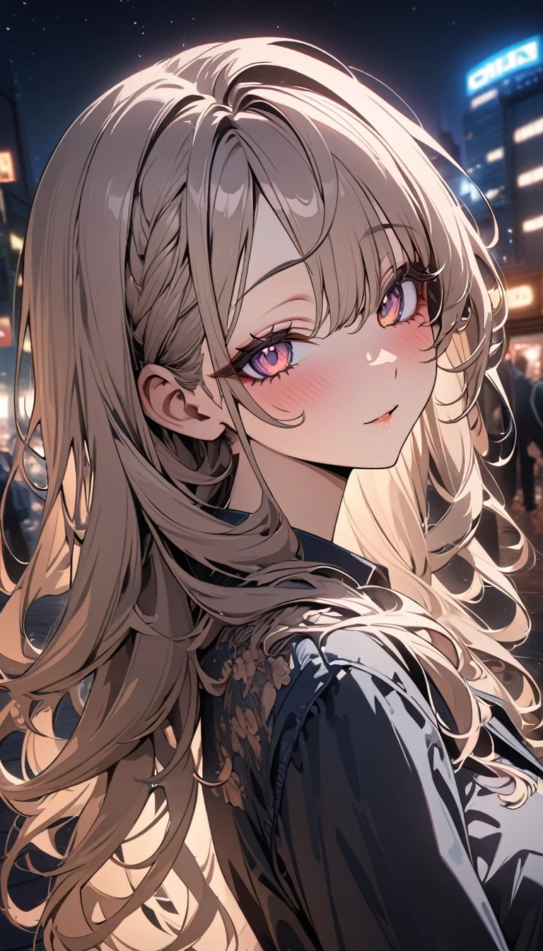((masterpiece, best quality)), very aesthetic, ultra detailed, intricate details, highly detailed, UHD, HDR, 8K, beautiful, face focus, perfect face, gyaru style, night, atmosphere, detailed background, neat and clean, thin lines, vibrant environment background, (newest anime art style)