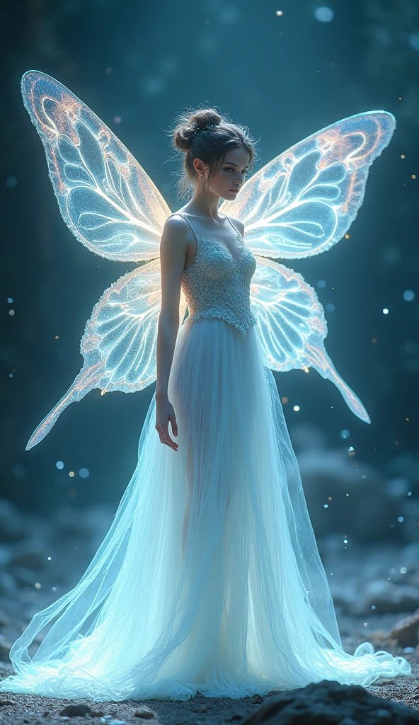 fairy fractal elemental of light and plasma, butterfly wings made of threads, long cloak dress made of light thin stripes of haze disappearing into the background, iridescence, airy, atmospheric, translucent, detailed drawing, HDRI Lightin, flickering, professional photo, high resolution, 8k, surrealism, aesthetics female body, light colors, delicate pearl pastel colors a scattering of star dust, starry sky, opalescence, fractal background golden kaleidoscope dissolution, beautiful eyes and face, cinematic photo, 35mm photograph, film, bokeh, professional, 4k, highly detailed