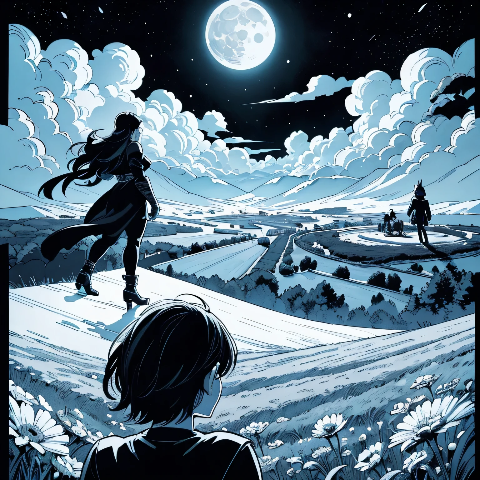 a drawing of a group of people in a field with a full moon, fantasy graphic novel style, comic illustration, full page illustration, comic book illustration, stylised comic art, a fantasy comic book style, whole page illustration, comic page, published art, ink and screentone, stylised graphic novel, comics illustration, comic book page, black and white manga page