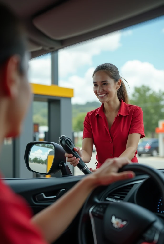 Magnificent detail, 8K Photos, hyper- realism, fundu realista, visual depth, wide angle lens, professional light. | "{a cena mostra o [driver] of a car at a gas station, sendu atendidu por uma [Attendant].} {a imagem é capturada du ponto de vista (PorV) du [driver], mostrandu suas mãos segurandu o volante e parte du painel du carro.} {a [Attendant] está fora du carro, to the left, visible through the open window. she is about 25 years old, brown hair tied in a ponytail, use a ['s uniform] de Attendant vermelho com um boné combinandu. Ela está sorrindu enquanto segura a mangueira de combustível, about to refuel the car.} {or posto de gasolina ao fundu tem um visual moderno, with gray and yellow fuel pumps, e uma loja de conveniência ao ladu. or céu está parcialmente nubladu, indicandu um dia típico.} {or ['s uniform] It's made of latex, fair, small and sexy, valorizandu as curvas duncorpo da [Attendant].} {a [Attendant] it's provocative and cheerful. Tem um lindu sorriso sedutor. Her breasts are perfect and big}"