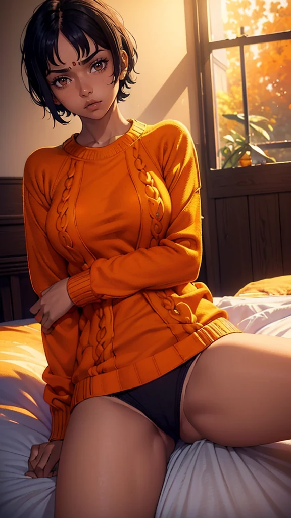 (21 years old))) Indian girl, (((body pose lying on bed))), (((shocked face)))), (((short black hair))), (((one piece body sweater))), (((orange sweater))),(((underwear part of the sweater))) Dark fantasy art, rich, Deep colors, (intricate details:0.9), (HDR, hyper detail:1.2), (natural skin textures, hyper realistic, glowing skin, soft light, Sharp),