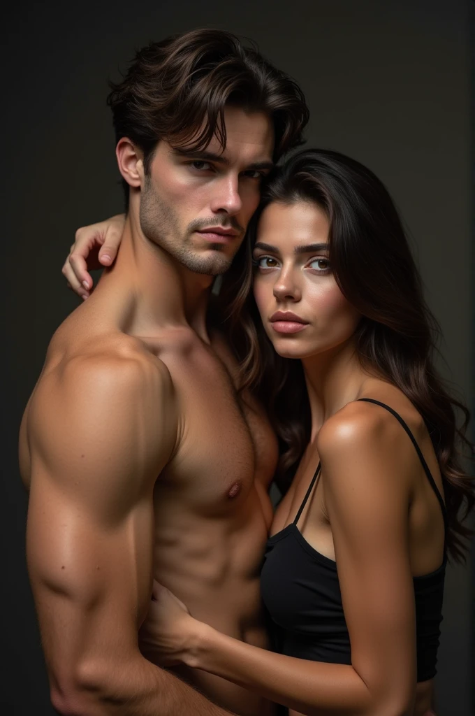 Dark haired man, perfect face, beautiful hair with sexy intimidating bearing, hugging a beautiful brown haired woman