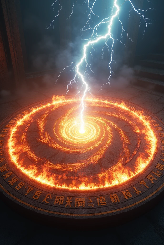 A magic circle with the elements of fire, wind and lightning