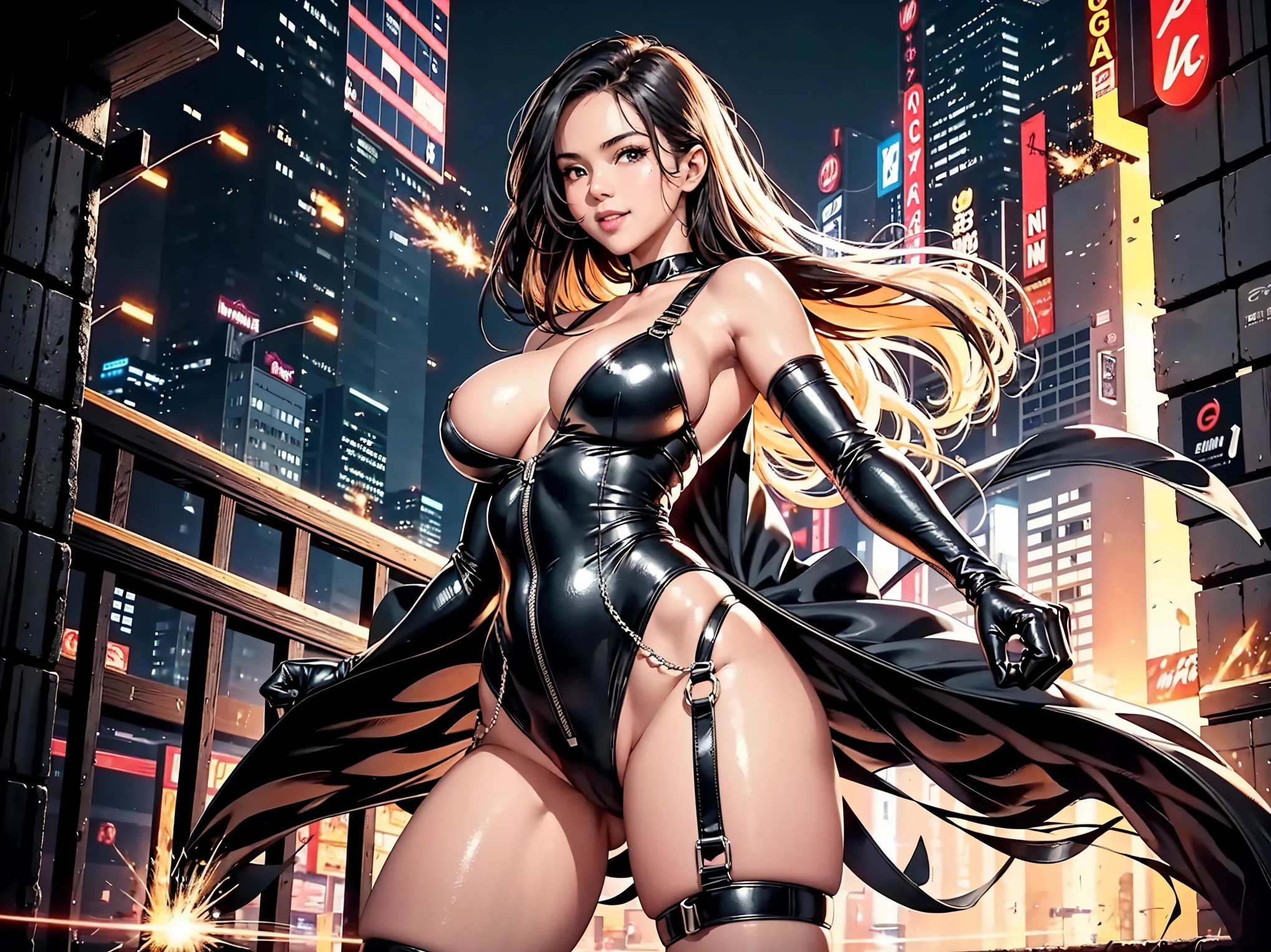 clean clear baby face, smile, black bodysuit, Giant sexy gal in future, dynamic pose, dynamic shot, large show off detailed (((Big))), cape, attack for viewer, ready for action, depth, deep shadow and light, neon, spark, good hand, better hand, masterpiece, high quality, high resolution,