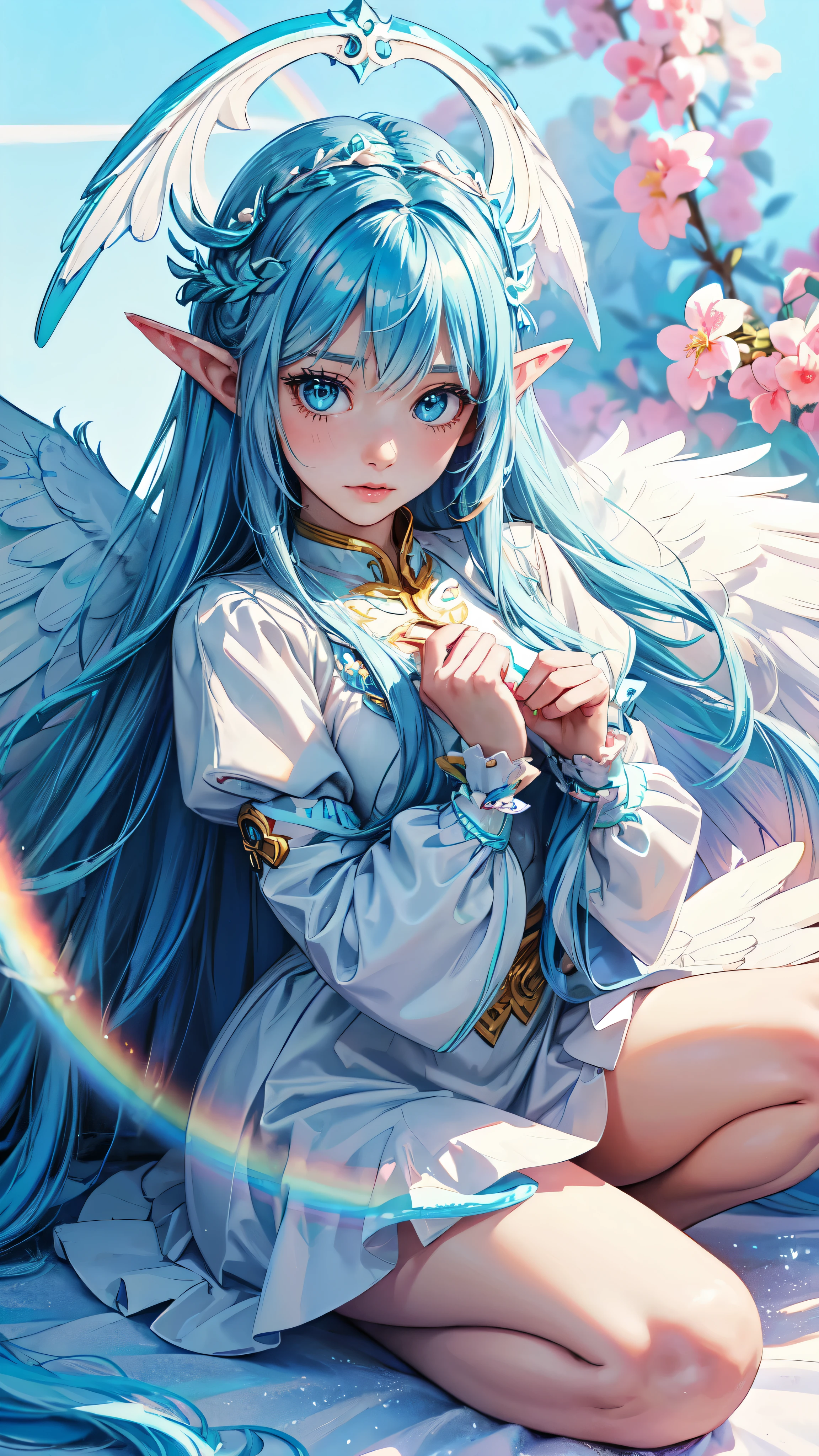 Rainbow Angel Wings、Kawaii Girl、Light blue long hair、Twin-tailed、Colorful angel costume、((top-quality))、((​masterpiece))、(ighly detailed、highestdetailed、Official art、Beautifully Aesthetic:1.2),detailed eyes, detaield hands, detailed face, elf woman, full body
