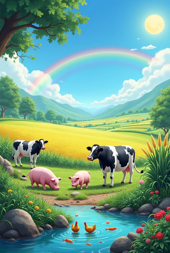 A green field with varied and growing crops, like corn and wheat. in the countryside, There are three black and white cows grazing peacefully, Two pink pigs playing in the mud and two golden-feathered hens pecking at the ground. At the bottom, A crystal clear river flows with colorful fish swimming in it. The sky is clear with a bright sun and a colorful rainbow stretching across the sky, creating a joyful and serene atmosphere.