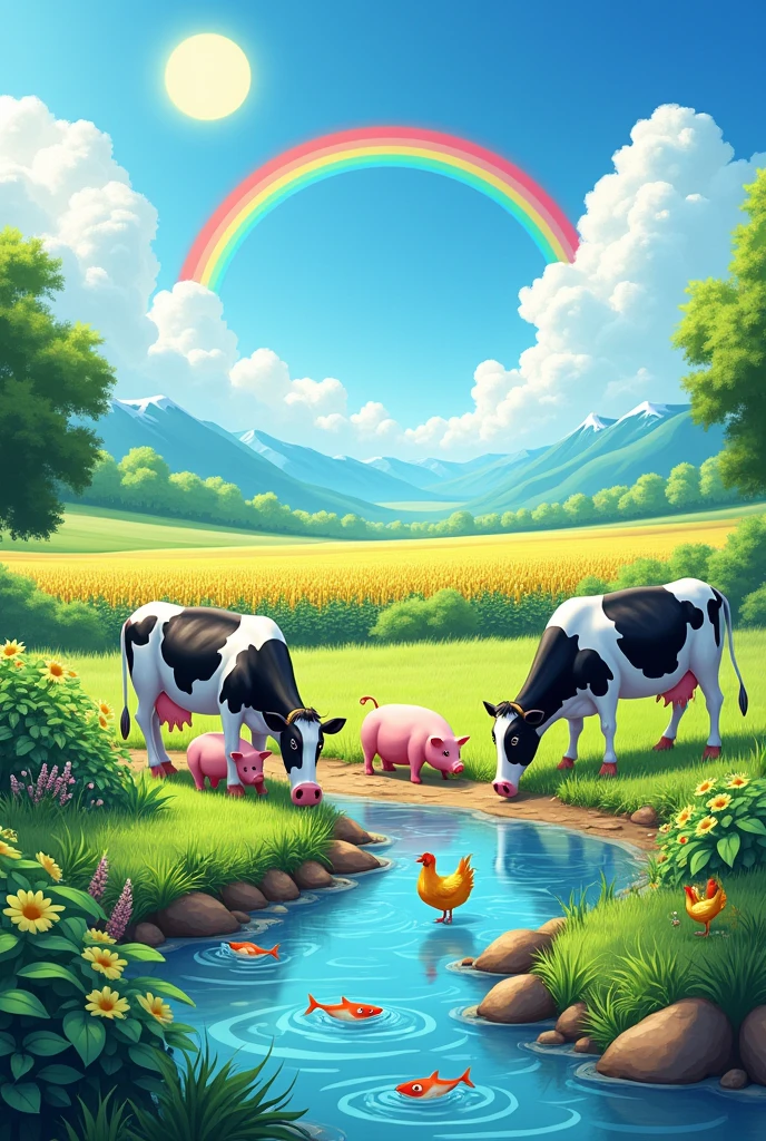 A green field with varied and growing crops, like corn and wheat. in the countryside, There are three black and white cows grazing peacefully, Two pink pigs playing in the mud and two golden-feathered hens pecking at the ground. At the bottom, A crystal clear river flows with colorful fish swimming in it. The sky is clear with a bright sun and a colorful rainbow stretching across the sky, creating a joyful and serene atmosphere.

