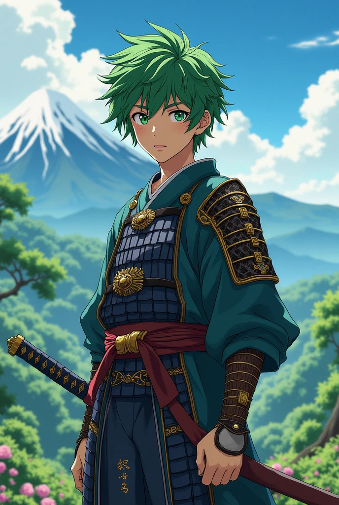 Anime samurai teenager boy with green hair