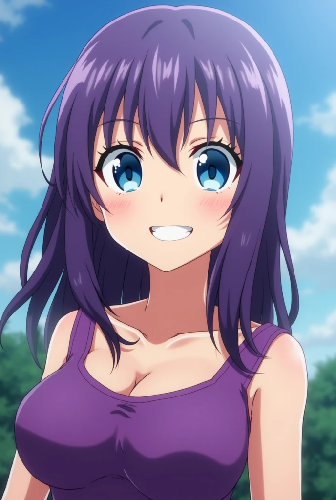 Screenshot of my hero academia, girl with purple breast,with straight hair,blue eyes, smiling