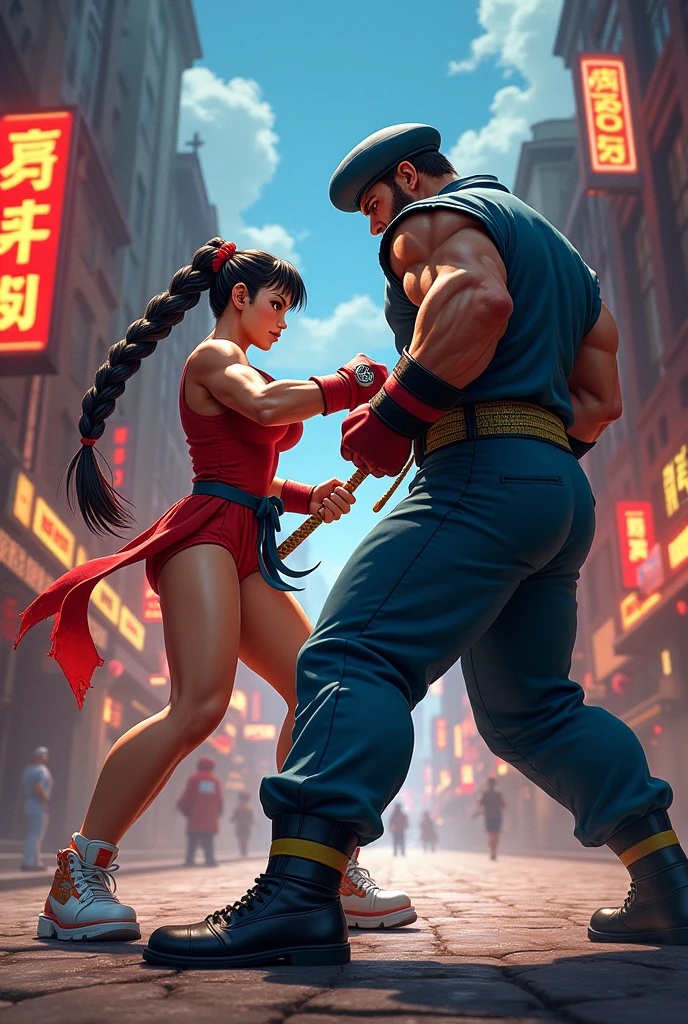 Chun-li fighting GUILE from behind, nunchaku in hand, in the style of (((Street-Fighter game))) with a Niji cartoon aesthetic, modern anime interpretation, fantasy elements, eerie atmosphere, intricate details, elegant composition, super highly detailed characters and background, professional digital painting techniques, artstation quality, concept art approach, 8k resolution, artistic fusion of styles reminiscent of Artgerm, Eiichiro Oda, and Koyoharu Gotouge, dynamic action pose, vibrant color palette, exaggerated proportions, sharp line work, dramatic lighting effects, intense facial expressions, fluid motion lines, detailed street background, blend of 2D and 3D elements, cinematic framing, high contrast shadows.