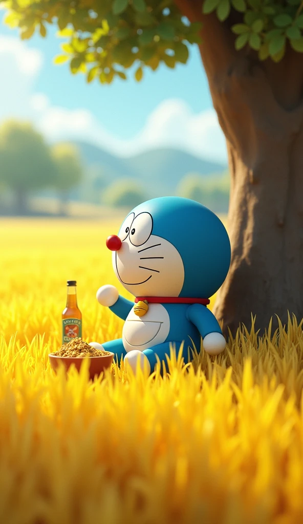 Doraemon sat under a tree having lunch, The surrounding area is filled with golden 3D rice fields.