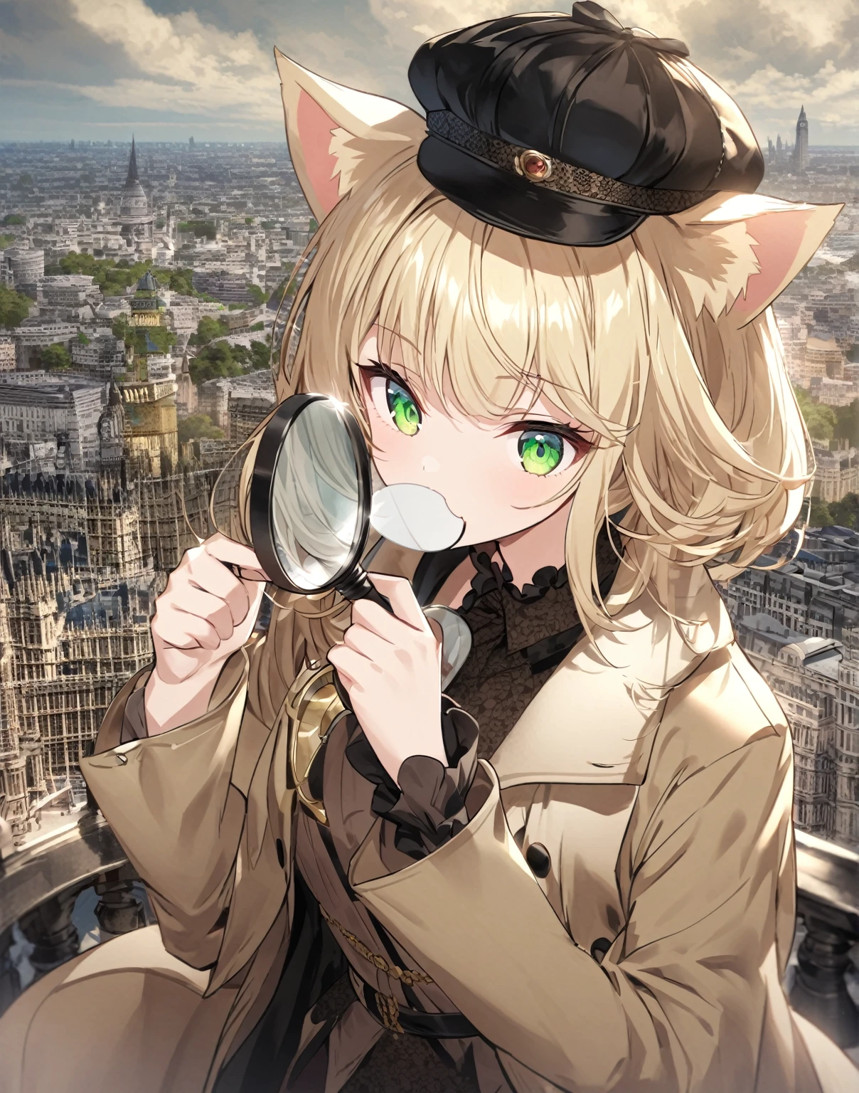 Face shot, Eyes macro, 1 anime catgirl, pale blonde cat ears, neko ears, with long pale blonde hair, wearing like sherlock holmes clothes. The character is in a standing pose and has an elegant and refined appearance. She has accent green eyes, detailed anime eyes, She has an investigating pose with a Magnifying glass in the hand, she is looking through the magnifying glass. She has a confident expression, like she has discovered the Guilty. Khaki coat, sherlock holmes hat, investigating. She is in london, famous London steet with a view over some famous London location. He has a pipe in his mouth, held by one of her hand.