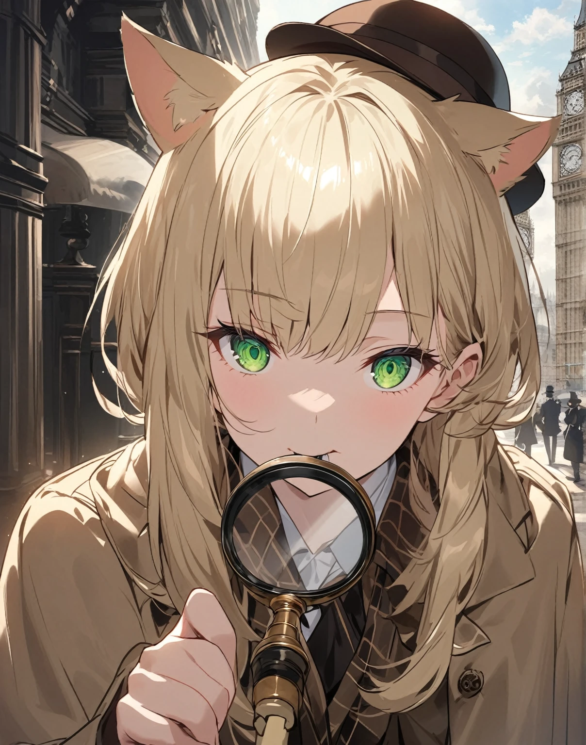 Face shot, Eyes macro, 1 anime catgirl, pale blonde cat ears, neko ears, with long pale blonde hair, wearing like sherlock holmes clothes. The character is in a standing pose and has an elegant and refined appearance. She has accent green eyes, detailed anime eyes, She has an investigating pose with a Magnifying glass in the hand, she is looking through the magnifying glass. She has a confident expression, like she has discovered the Guilty. Khaki coat, sherlock holmes hat, investigating. She is in london, famous London steet with a view over some famous London location. He has a pipe in his mouth, held by one of her hand.