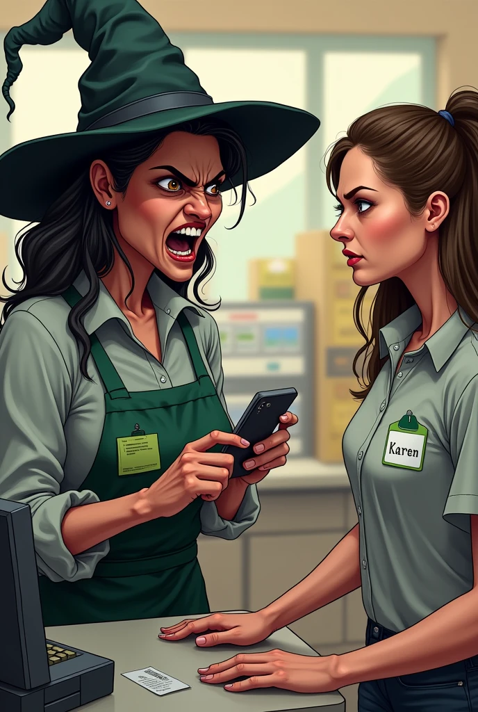 Cashier with an angry face and a witch's face looking at her cell phone at the cash register with a name tag that says "karen" 