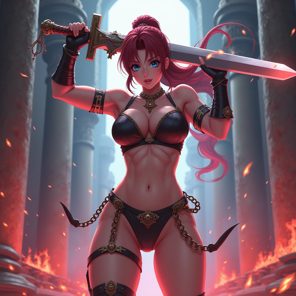 a beautiful young woman, large breasts, long dark red hair in ponytail, dark blue eyes, anime style chain-mail bikini, two handed sword overhead slash, killing a demon, in a castle, fantasy, cinematic lighting, dramatic, highly detailed, 8k, photorealistic, vibrant colors, intense shadows, volumetric fog, epic, heroic