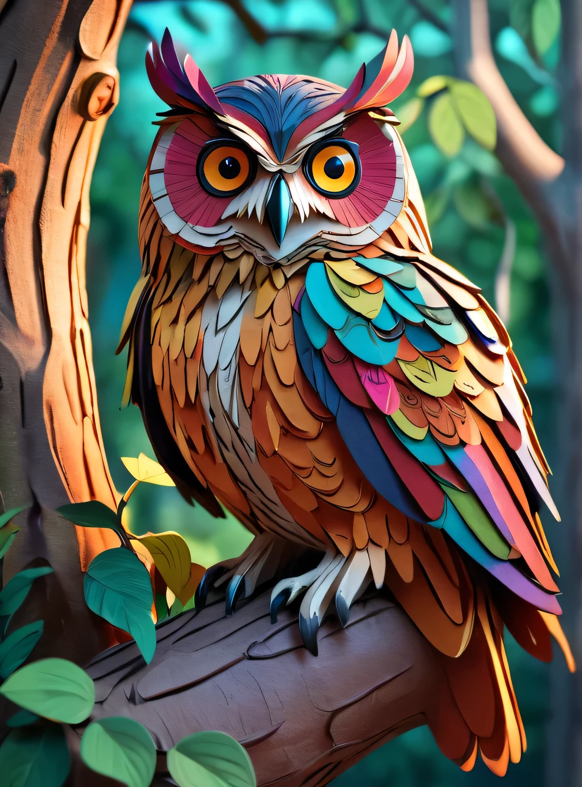 Papercraft, rich vibrant colors, an owl sitting on a tree, masterpiece, 8k, hdr, highly detailed, insane quality