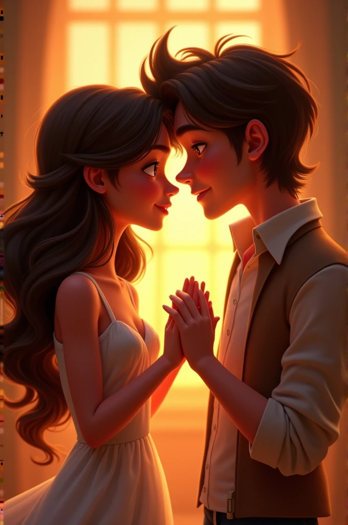 Generate image of a brunette Disney Pixar couple with long brown hair where the girl told the boy to excuse her, that she loves him and that he is everything in her life ...