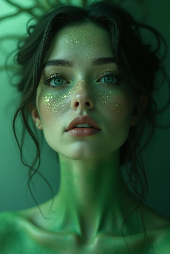Make a beautiful woman with an oval face and green skin , very beautiful