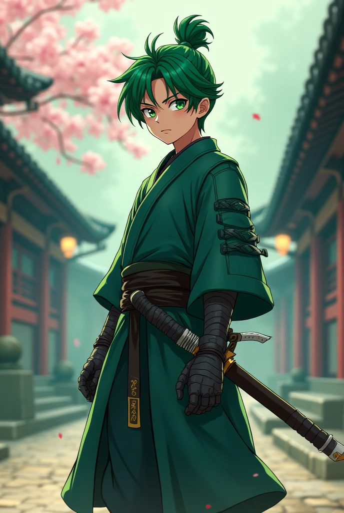 Anime samurai teenager boy with green hair