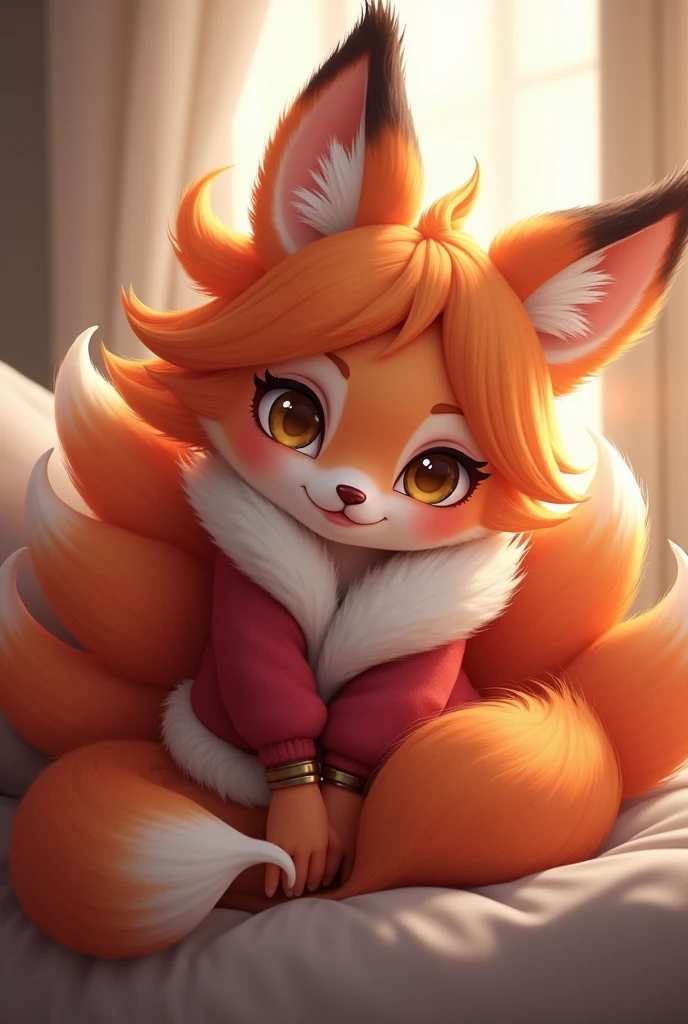 Create a realistic and cute image of Ahri, a champion from League of Legends. Ahri should be depicted in an endearing pose, with her iconic nine tails curled around her in a protective and playful manner. Her expression should be soft and friendly, with large, sparkling eyes and a gentle smile. Use realistic textures for her clothing and fur, and incorporate subtle, warm lighting to enhance the cute and inviting atmosphere. The overall image should capture Ahri's charm and mystique, while making her appear approachable and adorable.