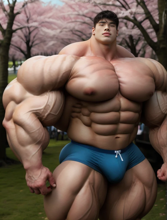 1boy, giant, asian, solo, giant bodybuilder, illuminating light, strong body, bulk, large size, standing in any place, outdoor, with cherry blossom, nude, blue triangular underwear with enormous bulge, extraordinary big, brutalmass, giant muscular body, bulk, buff, massive body, large meaty body size, extremely wide body, tallest body, higher than the trees