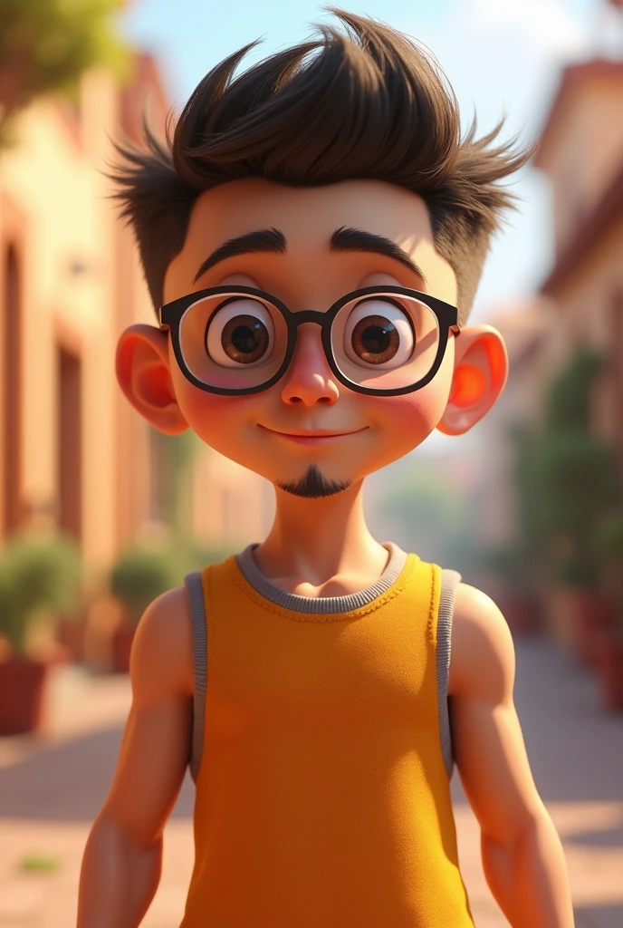 Pixar-style: White Boy, with a mustache and goatee, really short hair, transparent glasses and dark hair with a gym shape
