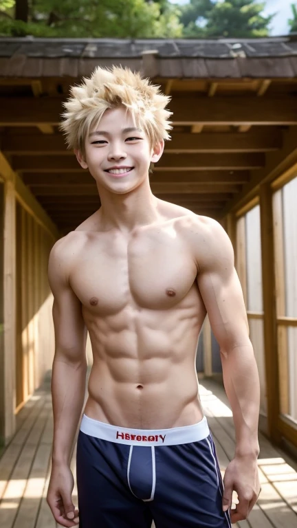 Japanese high school boy、、Well-developed muscles and smooth skin、Pale blonde hair, spiky like Bakugou、Light red boxer briefs、The whole body is visible from toes to head、In the forest barn、Hero Academy、Bold Smile、looking at the camera