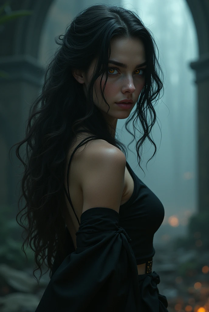 A girl version of Remus Lupin with black hair. She has amber eyes.